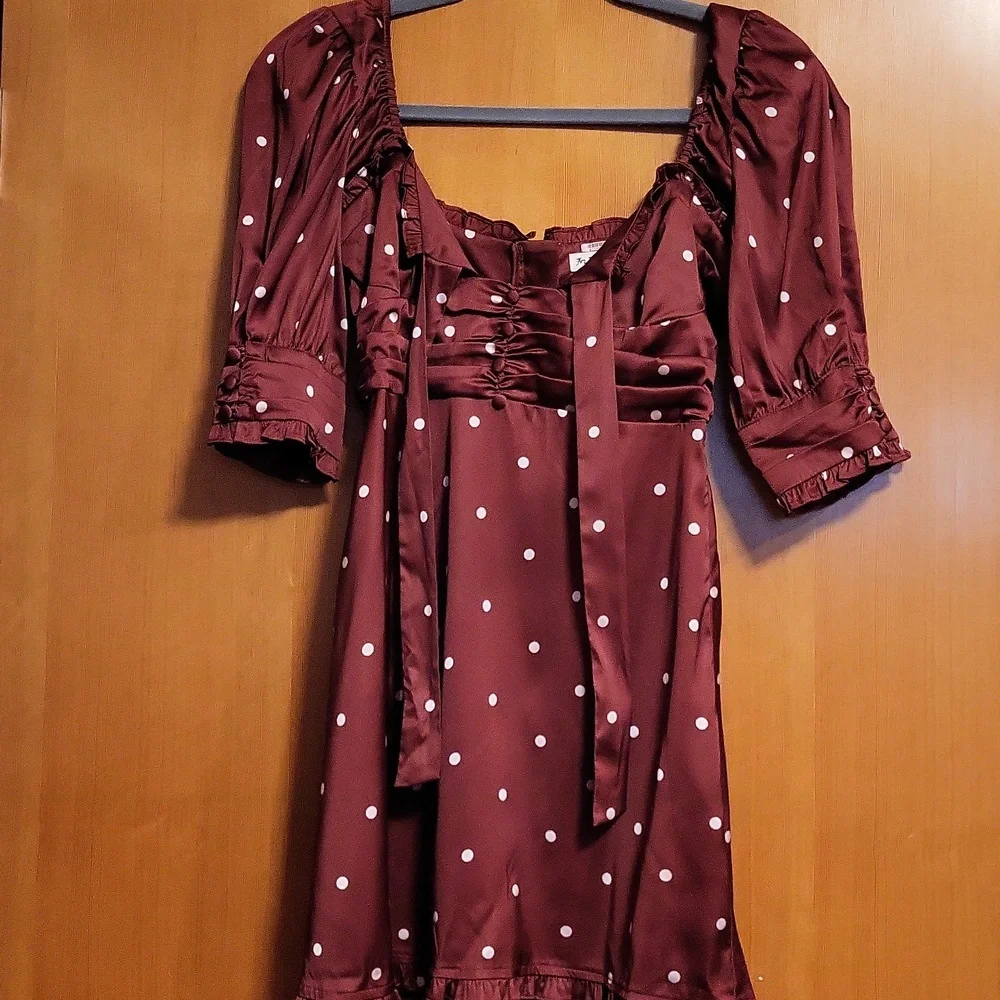 For Love And Lemons Davies Burgundy Polka Dot Swing Satin Dress - Picture 3 of 8